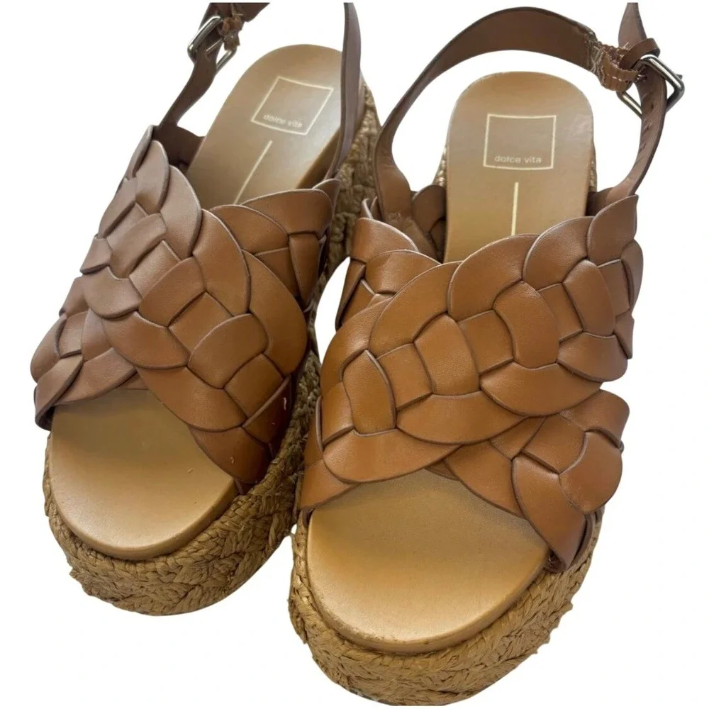 Dolce‎ Vita Braided Leather Platform Espadrille Sandals Brown Womens 8 Slingback